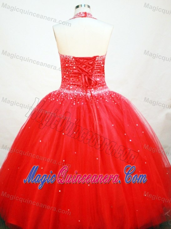 Customize Beading for Red Flower Girl Pageant Dress Halter Neckline