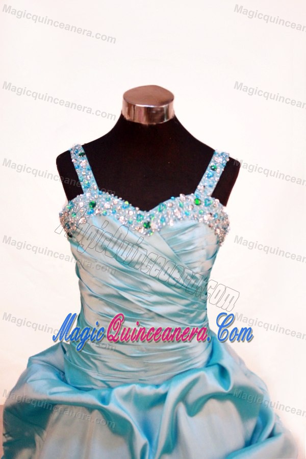 Blue Beading and Ruche Decorate Flower Girl Pageant Dress with Straps