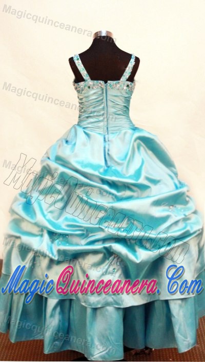 Blue Beading and Ruche Decorate Flower Girl Pageant Dress with Straps