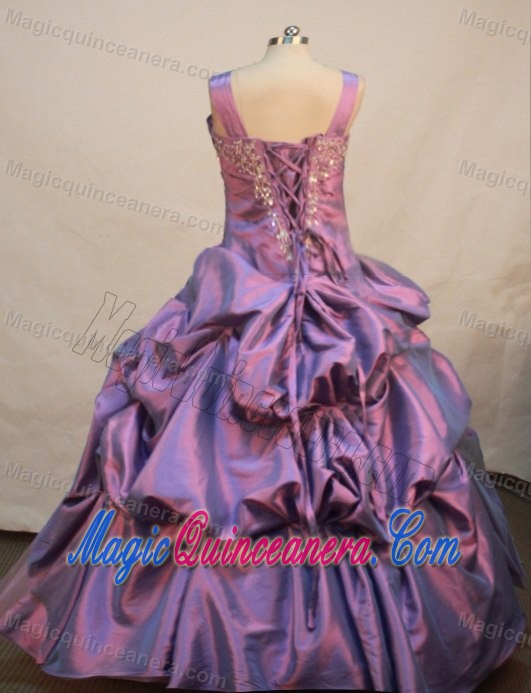 Lavender Straps Appliques and Flowers Decorate Girls Pageant Dresses