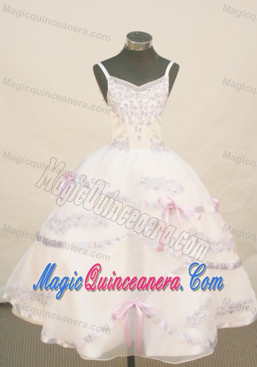 White Spaghetti Straps Flower Girl Pageant Dress Appliques Decorate