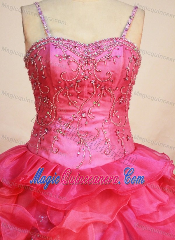 Red Ruffles Decorate Flower Girl Pageant Dress with Spaghetti Straps