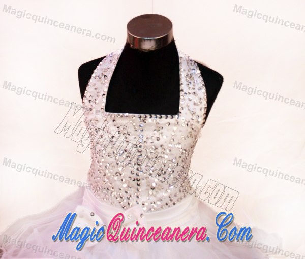 Beading Halter Baby Pink Glitz Pageant Dresses With Organza Layers