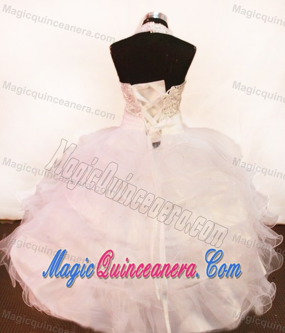 Beading Halter Baby Pink Glitz Pageant Dresses With Organza Layers