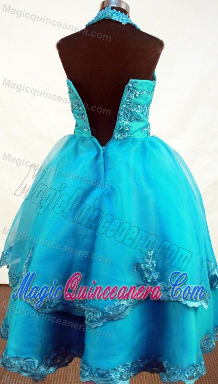 Teal Appliques A-line Little Girl Pageant Dress with Embroidery