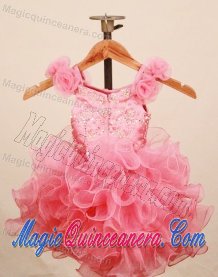 Ruffles Baby Pink Scoop Glitz Pageant Dresses With Hand Made Flowers