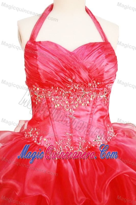 Mini-length Halter Little Girl Pageant Dress Beading and Ruffled Layers