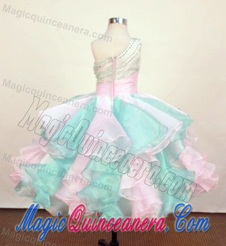 One Shoulder Colorful Little Girl Pageant Dress Beading and Ruffles