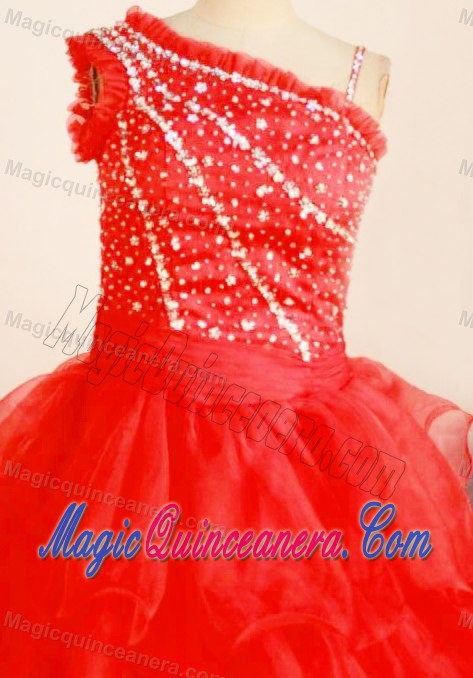 Beaded and Ruffled One Shoulder Red Ball Gown Little Girl Pageant Gown