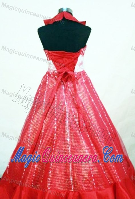 Halter Red Organza Beaded and Ruffled Little Girl Pageant Dress