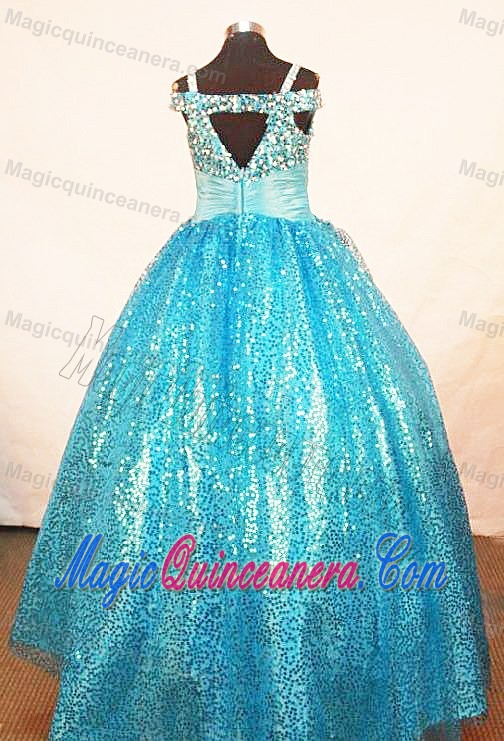 Paillette Over Skirt Ball Gown Straps Teal Pageant Dress for Girls