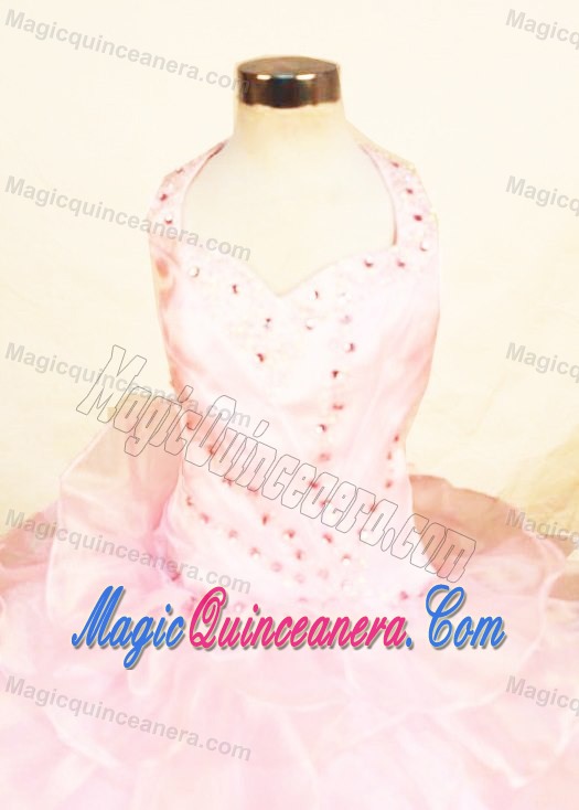 Halter Baby Pink Little Girl Pageant Dress with Beading and Ruffles