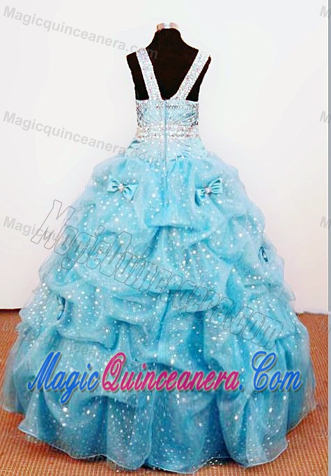 Aqua Blue Ball Gown Straps Beading and Bowknot Pageant Dress for Girls