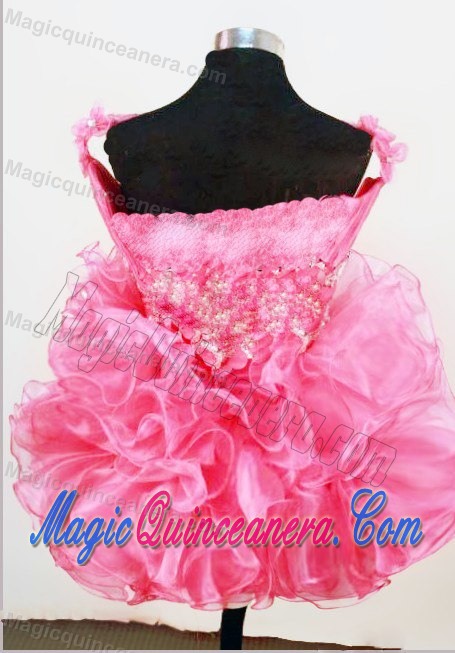 Cute Straps Mini-length Hot Pink Organza Beading Girls Pageant Gown