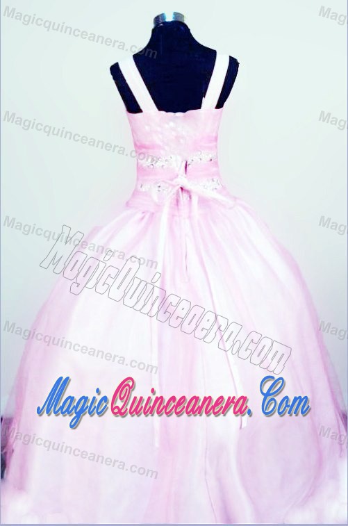 Ball Gown Straps Baby Pink Taffeta Glitz Pageant Gowns With Beading