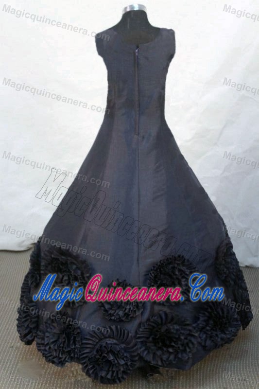 Black Hand Made Flowers Satin Scoop Beaded Pageant Dresses