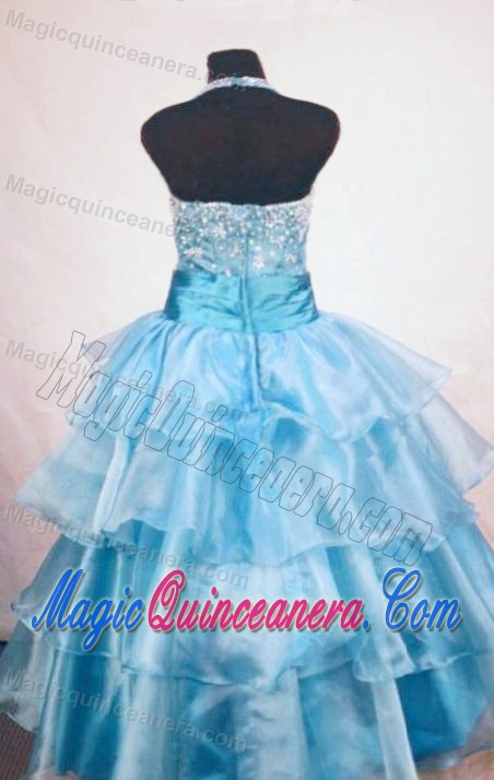 Halter Light Blue Layers Little Girl Pageant Dress Beaded