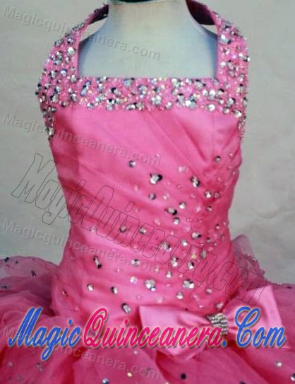 Ruffles Halter Top Hot Pink Girls Pageant Dress with Beads