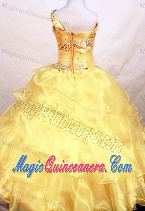 Yellow Bead Ruffles Girls Pageant Dress With One Shoulder