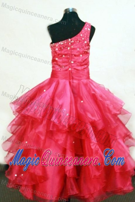 One Shoulder Coral Red Beading Kid Pageant Dress for Cheap