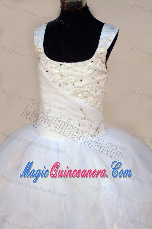 White Ruffled Square Kid Pageant Dress with Beading Straps