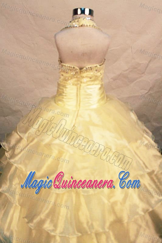 Beaded Yellow Halter Pageant Dress for Girls with Ruffles