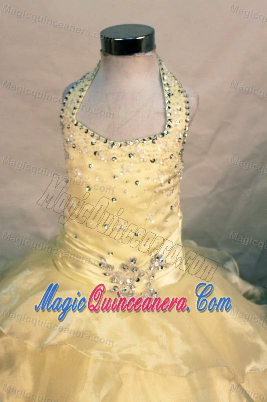 Beaded Yellow Halter Pageant Dress for Girls with Ruffles