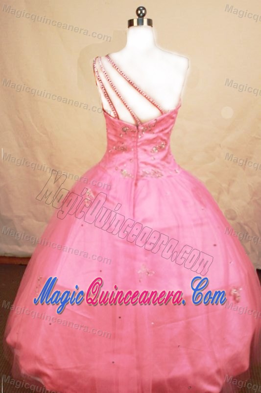 One Shoulder Tulle Pink Beaded Little Girl Pageant Dresses