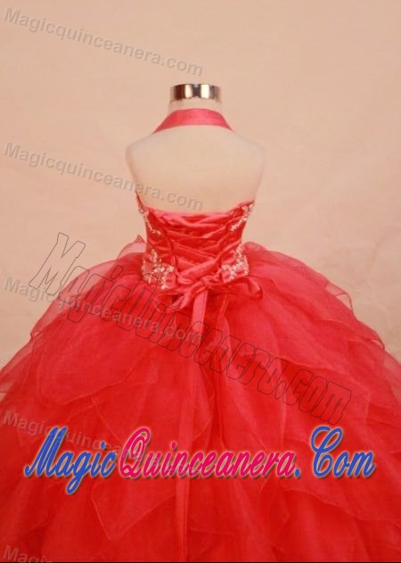 Red Little Girl Pageant Dress with Beading and Halter Neck