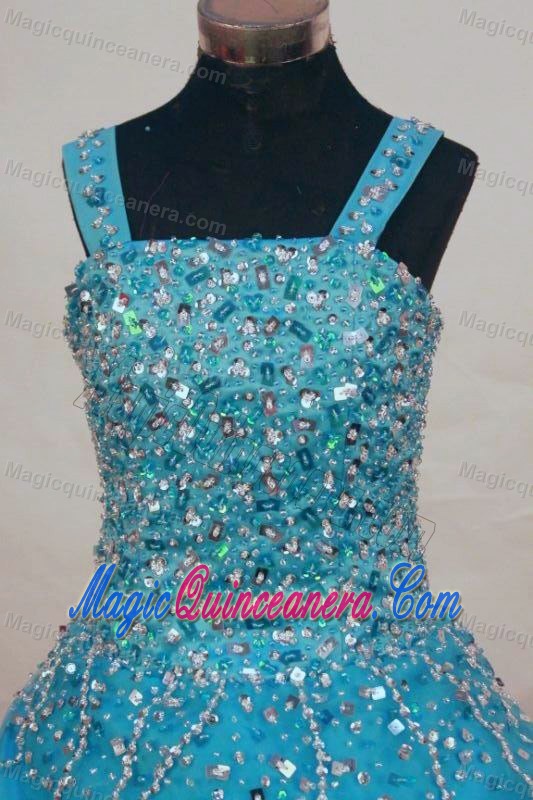 Beads Straps Organza Teal A-line Little Girl Pageant Dress