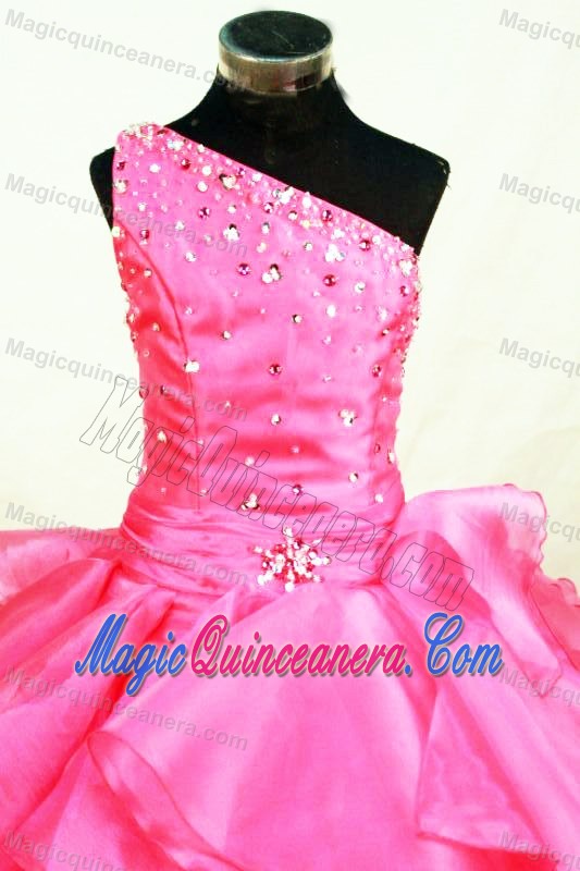 Hot Pink One Shoulder Beaded Ruffles Girls Pageant Dresses