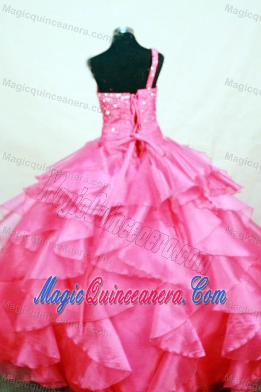 Hot Pink One Shoulder Beaded Ruffles Girls Pageant Dresses