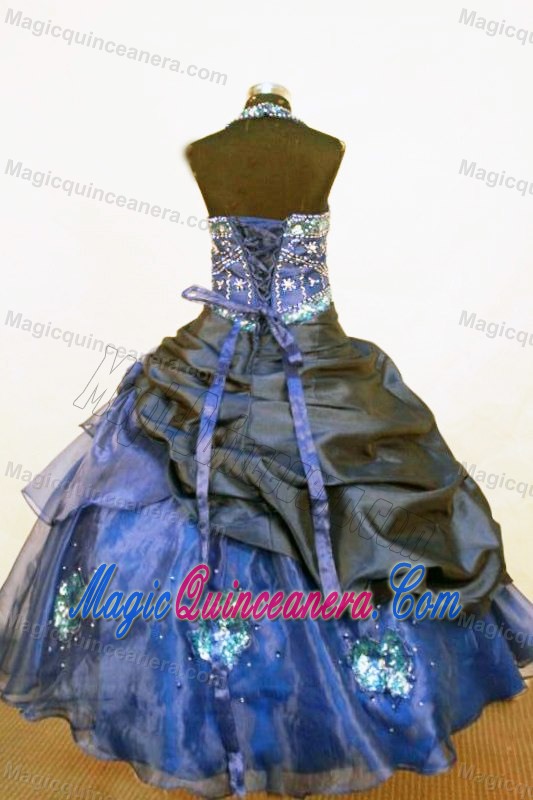 Beaded Halter Organza Blue Little Girl Pageant Dress 2013