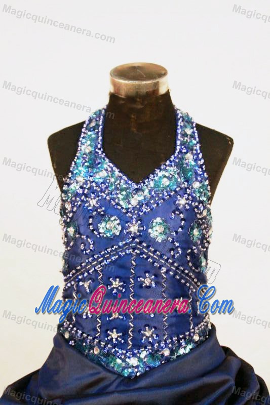 Beaded Halter Organza Blue Little Girl Pageant Dress 2013