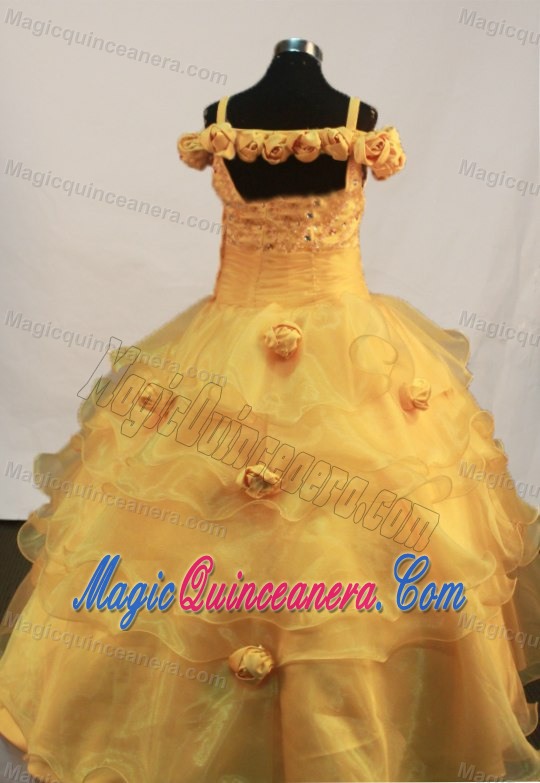 Hand Made Flowers Gold Little Pageant Dress with Straps