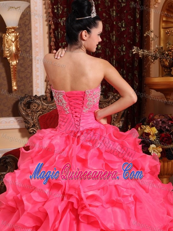 Hot Pink Strapless Sweet 15 Dresses with Beading and Ruffled Skirt