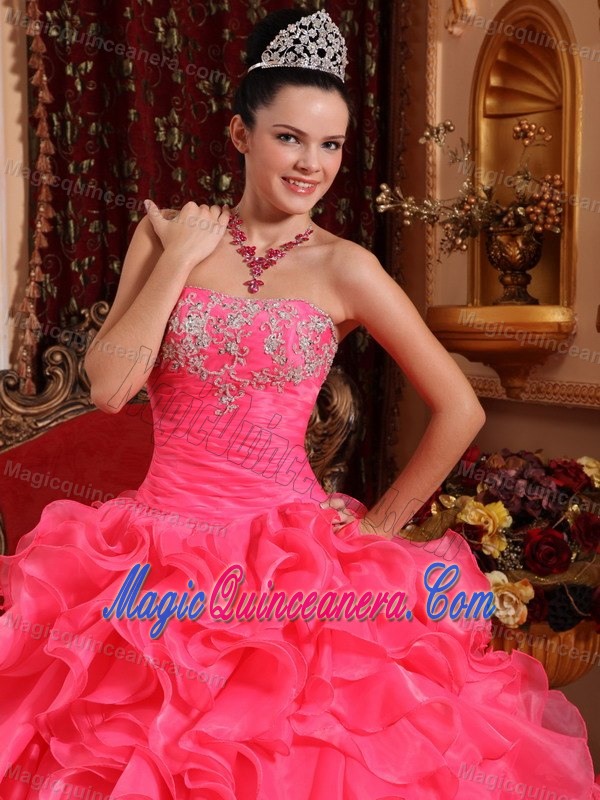 Hot Pink Strapless Sweet 15 Dresses with Beading and Ruffled Skirt