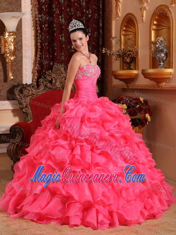 Hot Pink Strapless Sweet 15 Dresses with Beading and Ruffled Skirt