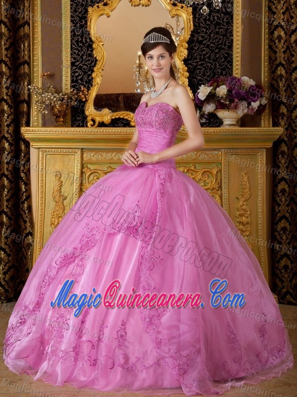 Rose Pink Sweetheart Quinceanera Dress with Appliques by Organza