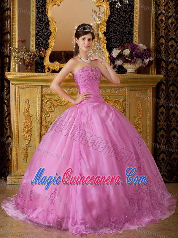 Rose Pink Sweetheart Quinceanera Dress with Appliques by Organza