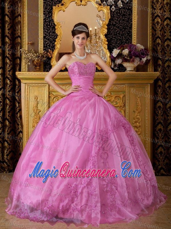 Rose Pink Sweetheart Quinceanera Dress with Appliques by Organza