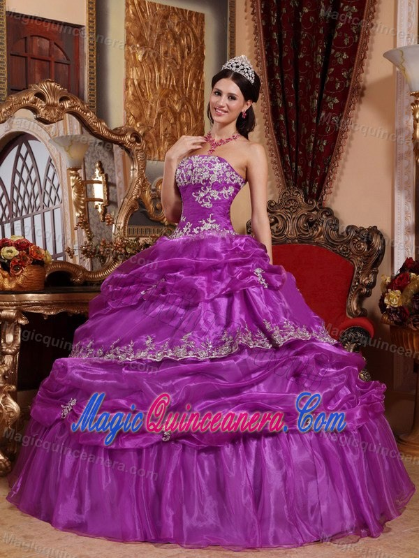 Lavender Organza Strapless Sweet 15 Dresses with Appliques Pick ups