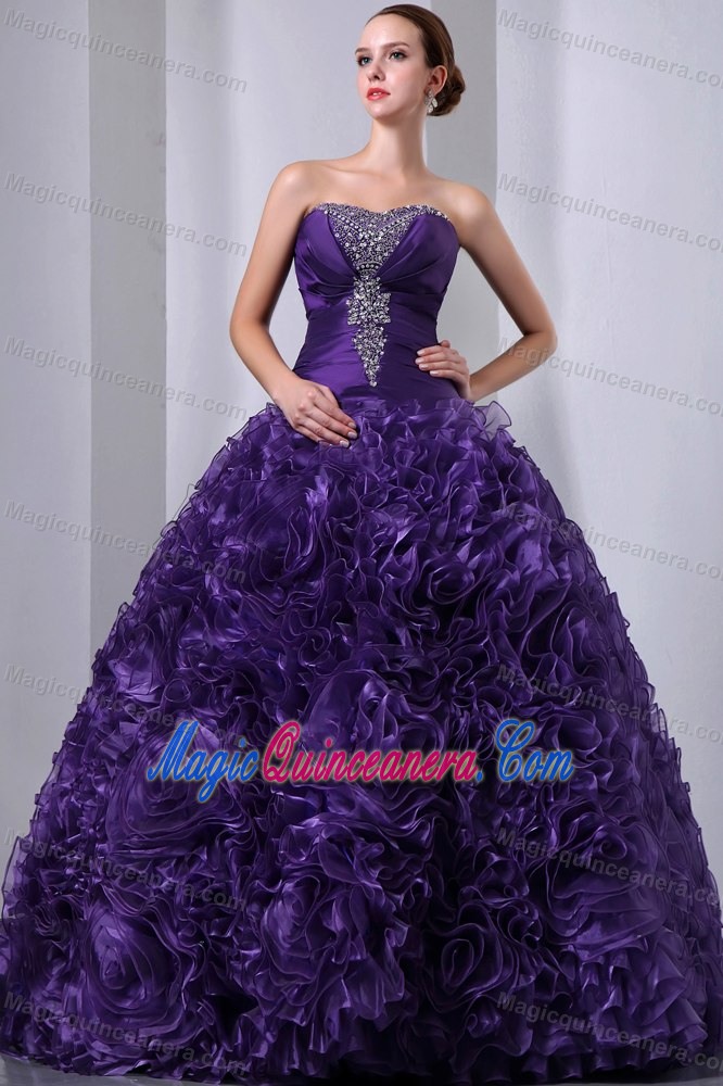 Beading and Rolling Flowers Accent Quince Dresses in Purple 2013