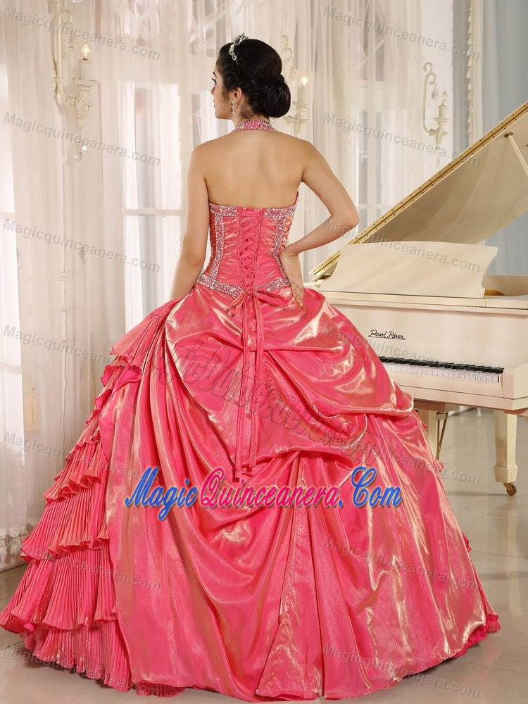 Beaded Halter Ruffled Layers Dresses Quinceanera in Watermelon