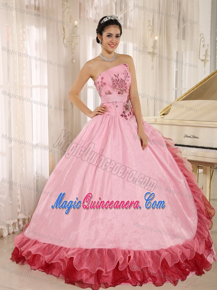 Beaded Strapless Rose Pink Quinceanera Gown with Flouncing 2013