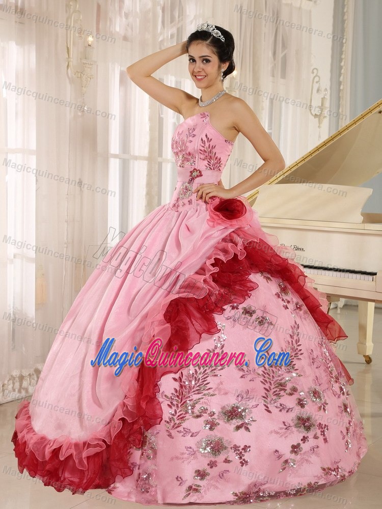 Beaded Strapless Rose Pink Quinceanera Gown with Flouncing 2013