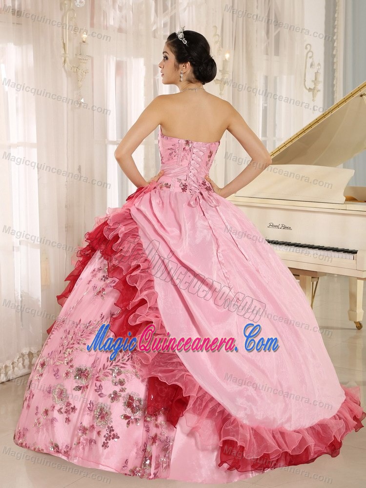 Beaded Strapless Rose Pink Quinceanera Gown with Flouncing 2013