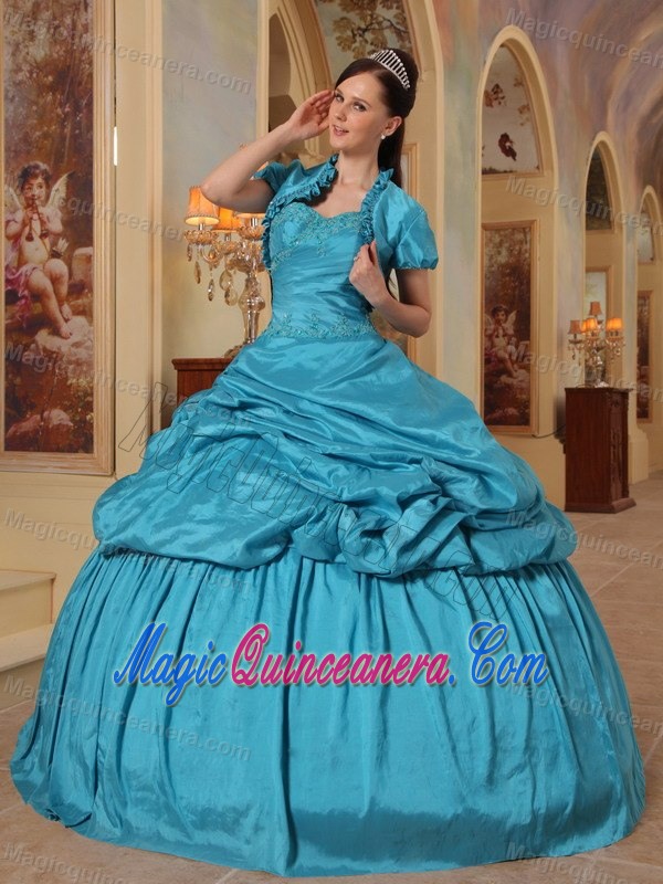 Appliqued Teal Taffeta Sweet 16 Dresses with Pick ups for Cheap