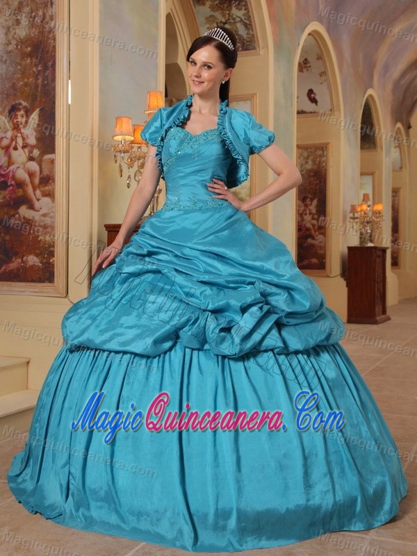 Appliqued Teal Taffeta Sweet 16 Dresses with Pick ups for Cheap