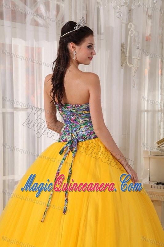 Printed Bodice Sash Tulle Dresses Quinceanera in Bright Yellow